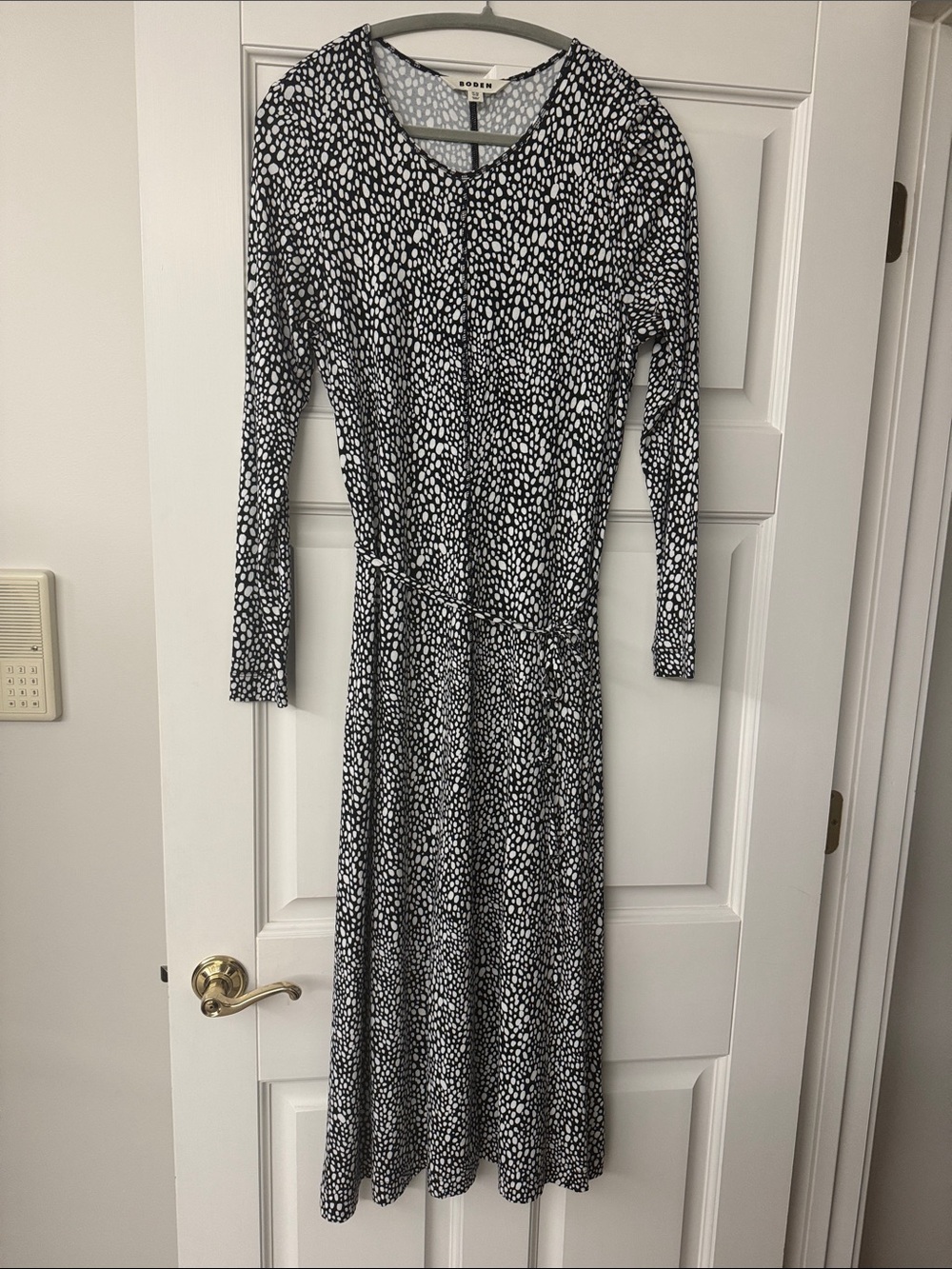 Boden Black and White Speckle-Print Long Sleeve Midi Dress